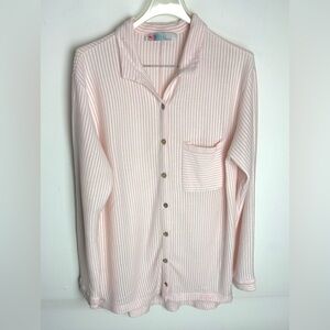 Free People Beach Better Days Button Down Oversized Shirt M Pink Striped Lounge